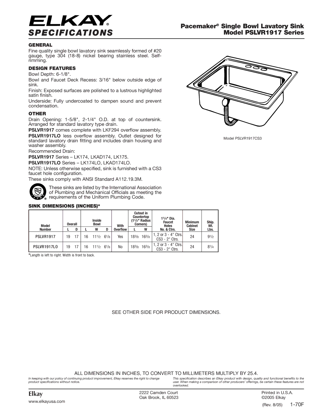 Elkay PSLVR1917LO specifications Specifications, Pacemaker Single Bowl Lavatory Sink, Model PSLVR1917 Series, Elkay 