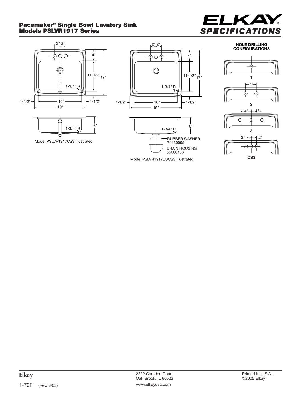 Elkay PSLVR1917CS, PSLVR1917LOCS specifications Models PSLVR1917 Series, Hole Drilling Configurations, CS3 