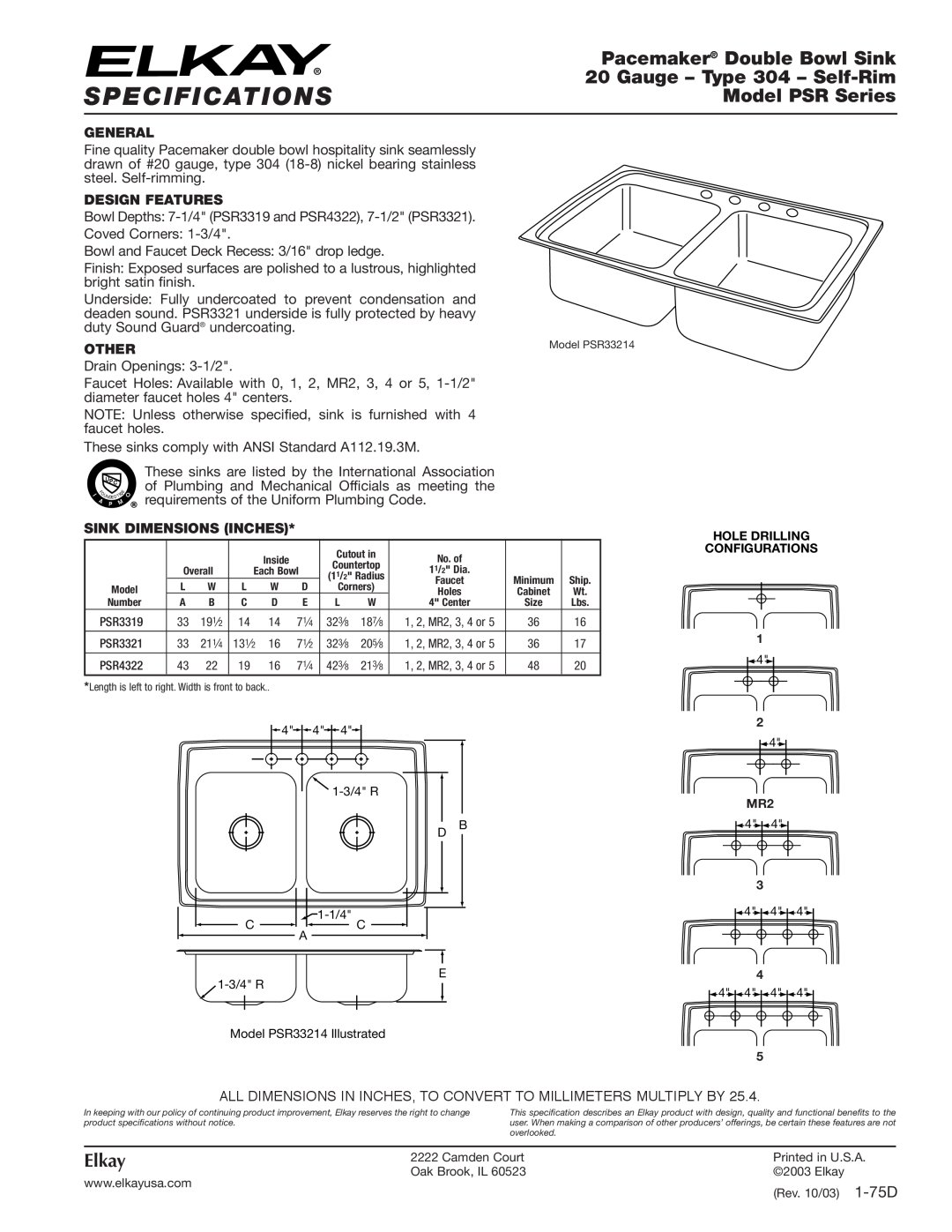 Elkay PSR33214 specifications Specifications, Pacemaker Double Bowl Sink, Gauge - Type 304 - Self-Rim, Model PSR Series 