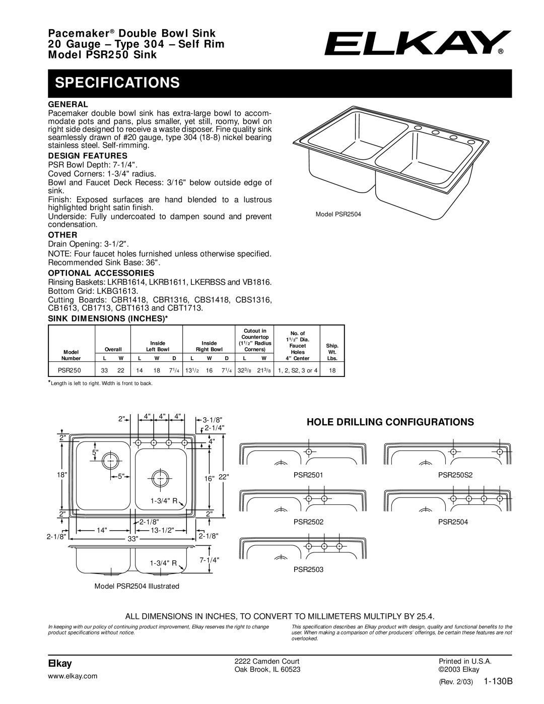 Elkay PSR250 Sink specifications Specifications, Hole Drilling Configurations 