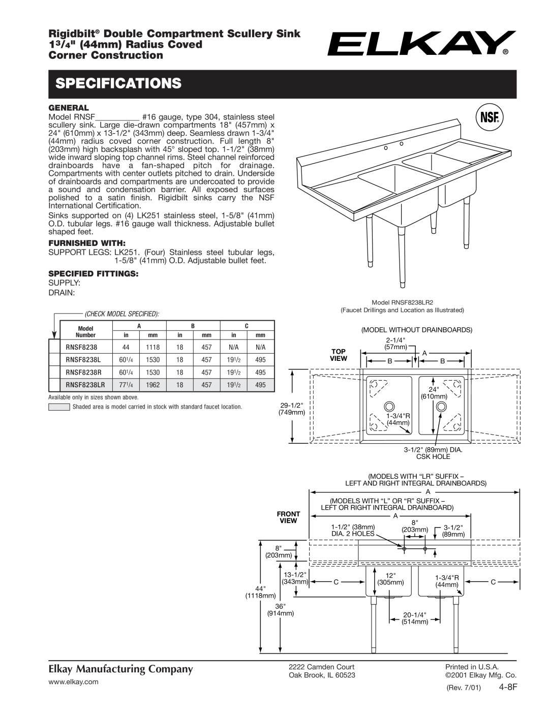 Elkay RNSF8238R specifications Specifications, Rigidbilt Double Compartment Scullery Sink, 13/4 44mm Radius Coved, 4-8F 