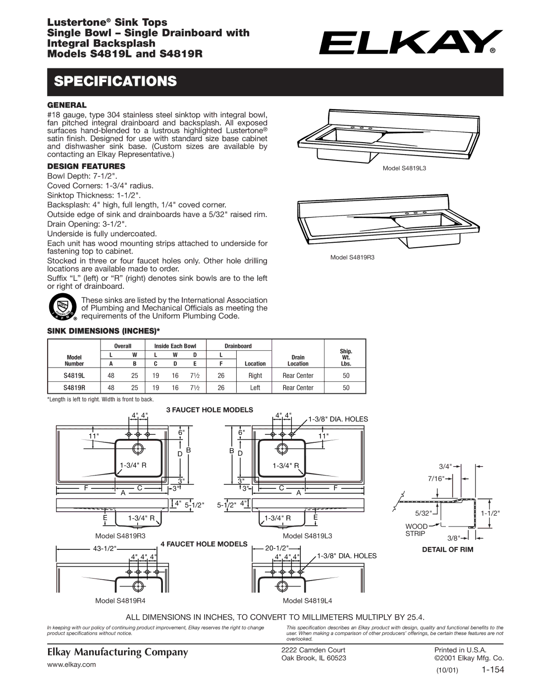 Elkay S4819L, S4819R specifications Specifications, General, Design Features, Sink Dimensions Inches 