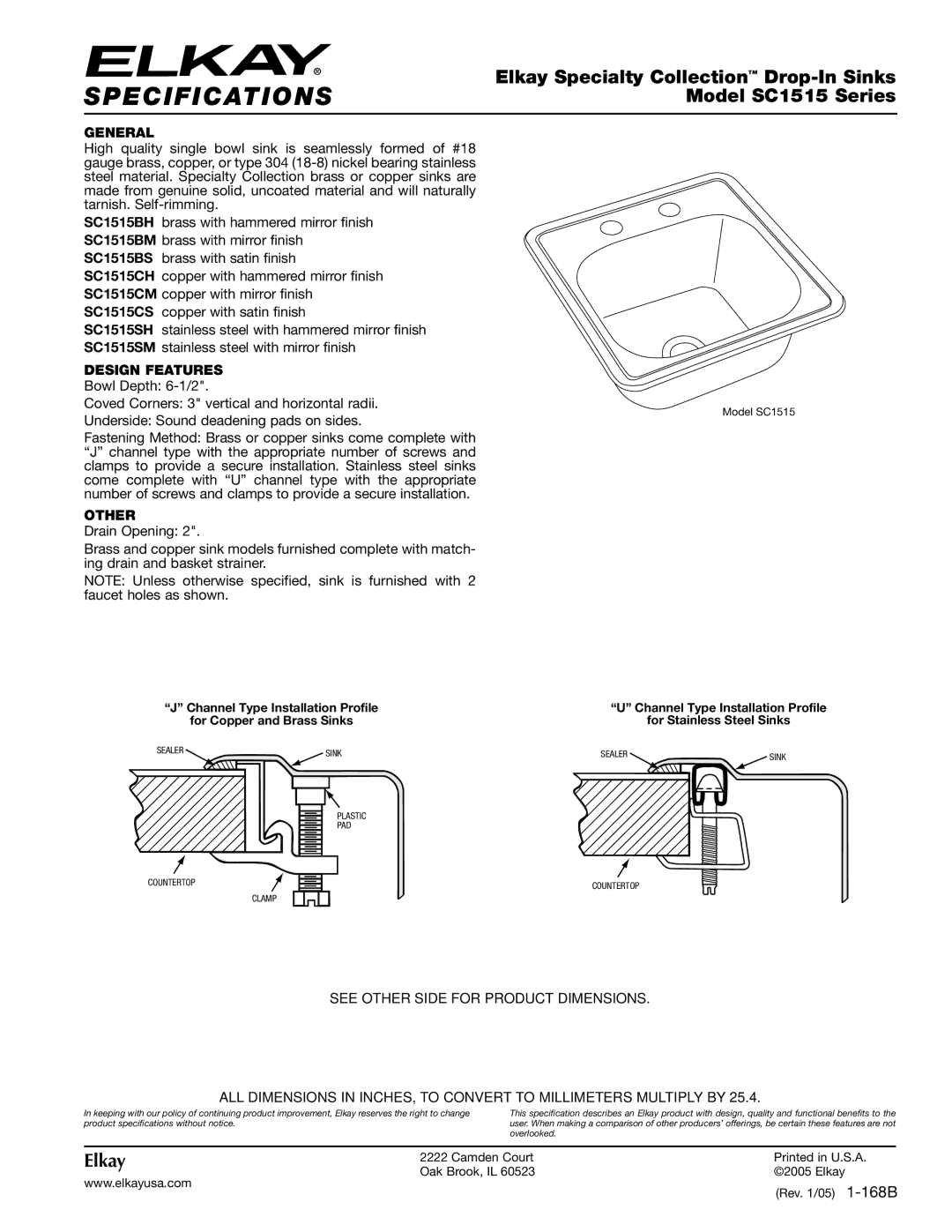 Elkay specifications Specifications, Elkay Specialty Collection Drop-In Sinks, Model SC1515 Series 