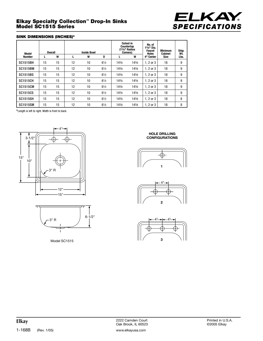 Elkay SC1515 Series specifications Sink Dimensions Inches 