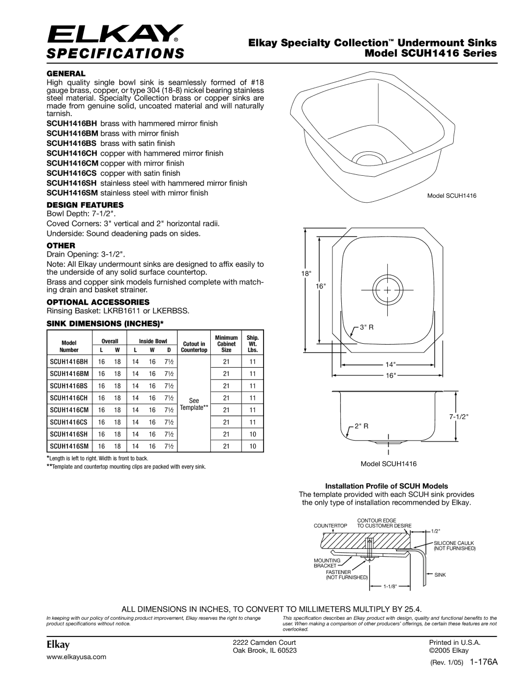 Elkay specifications Specifications, Elkay Specialty Collection Undermount Sinks, Model SCUH1416 Series 