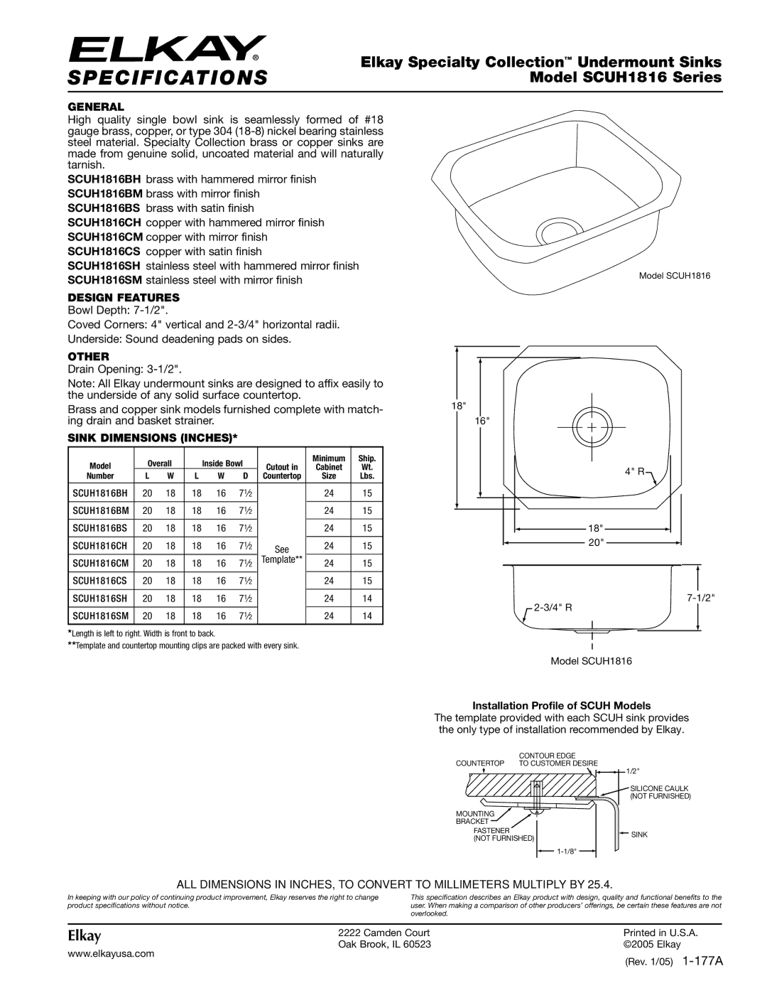 Elkay specifications Specifications, Elkay Specialty Collection Undermount Sinks, Model SCUH1816 Series 