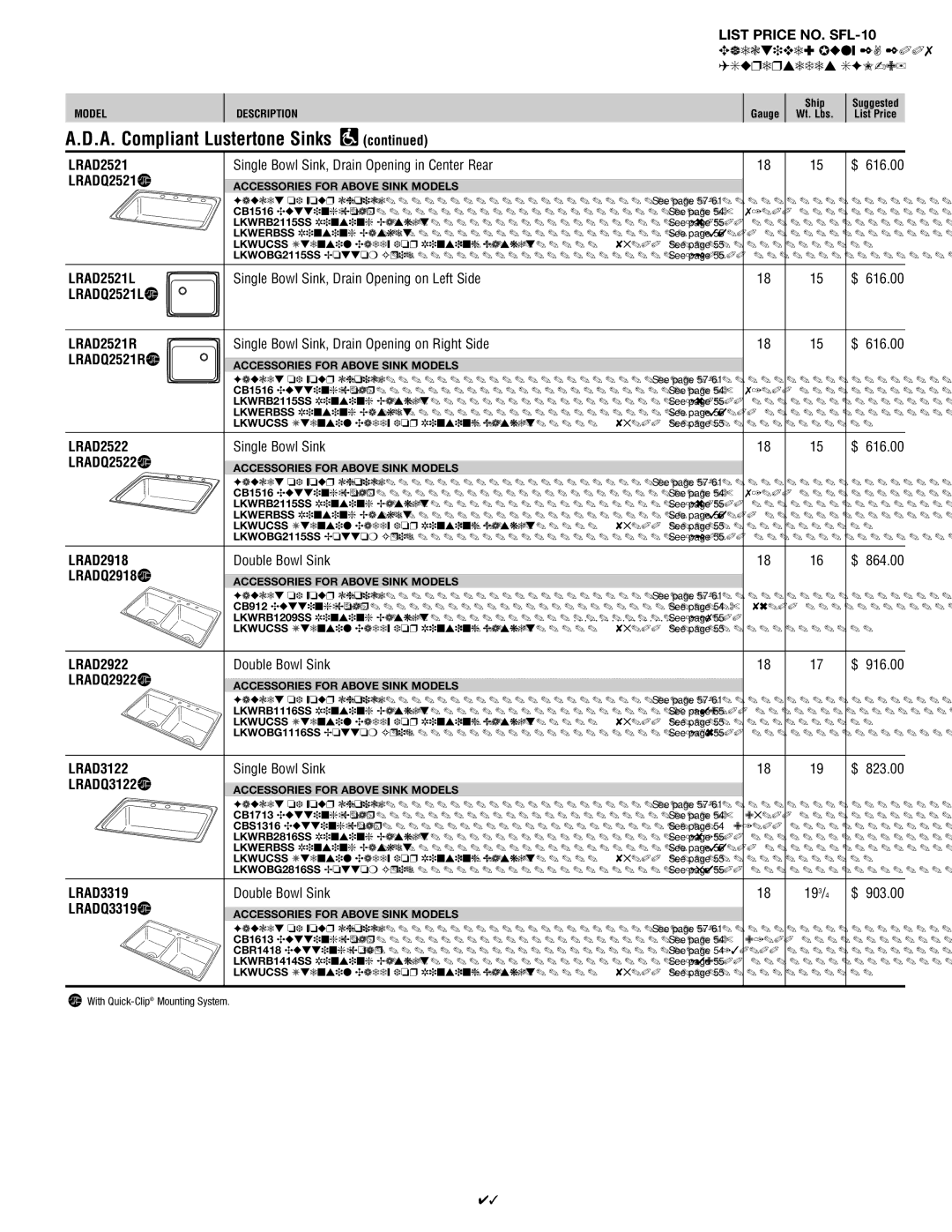 Elkay SFL-10 manual LRAD2521L, LRADQ2521L LRAD2521R, LRADQ2521R, LRADQ2522, LRADQ2918, LRADQ2922, LRADQ3122, LRADQ3319 