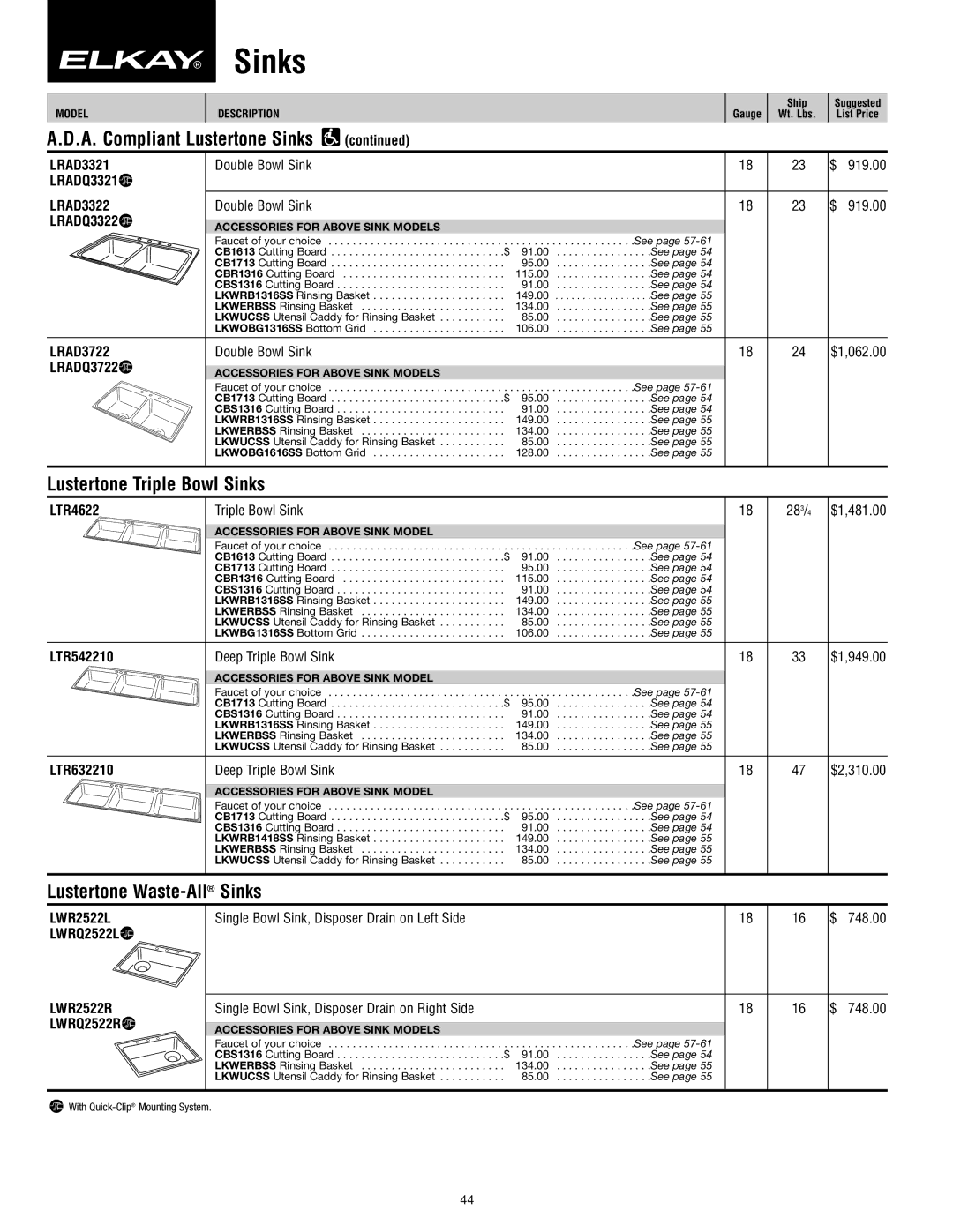 Elkay SFL-10 manual Lustertone Triple Bowl Sinks, Lustertone Waste-AllSinks 