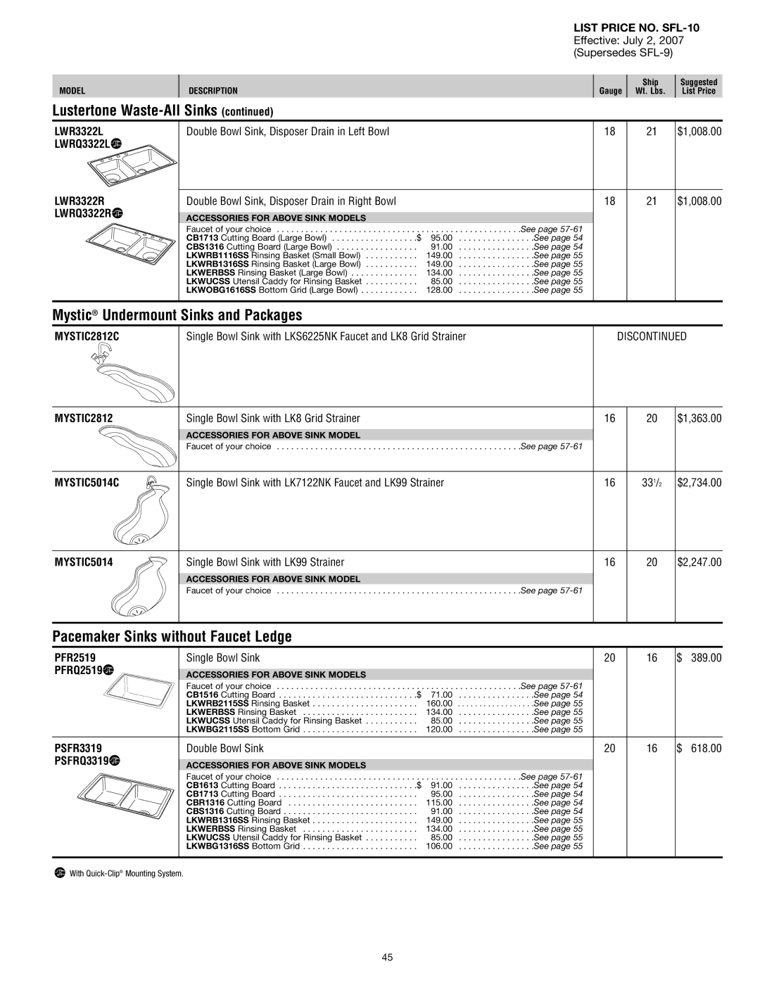 Elkay SFL-10 manual Lustertone Waste-All Sinks, Mystic Undermount Sinks and Packages, Pacemaker Sinks without Faucet Ledge 