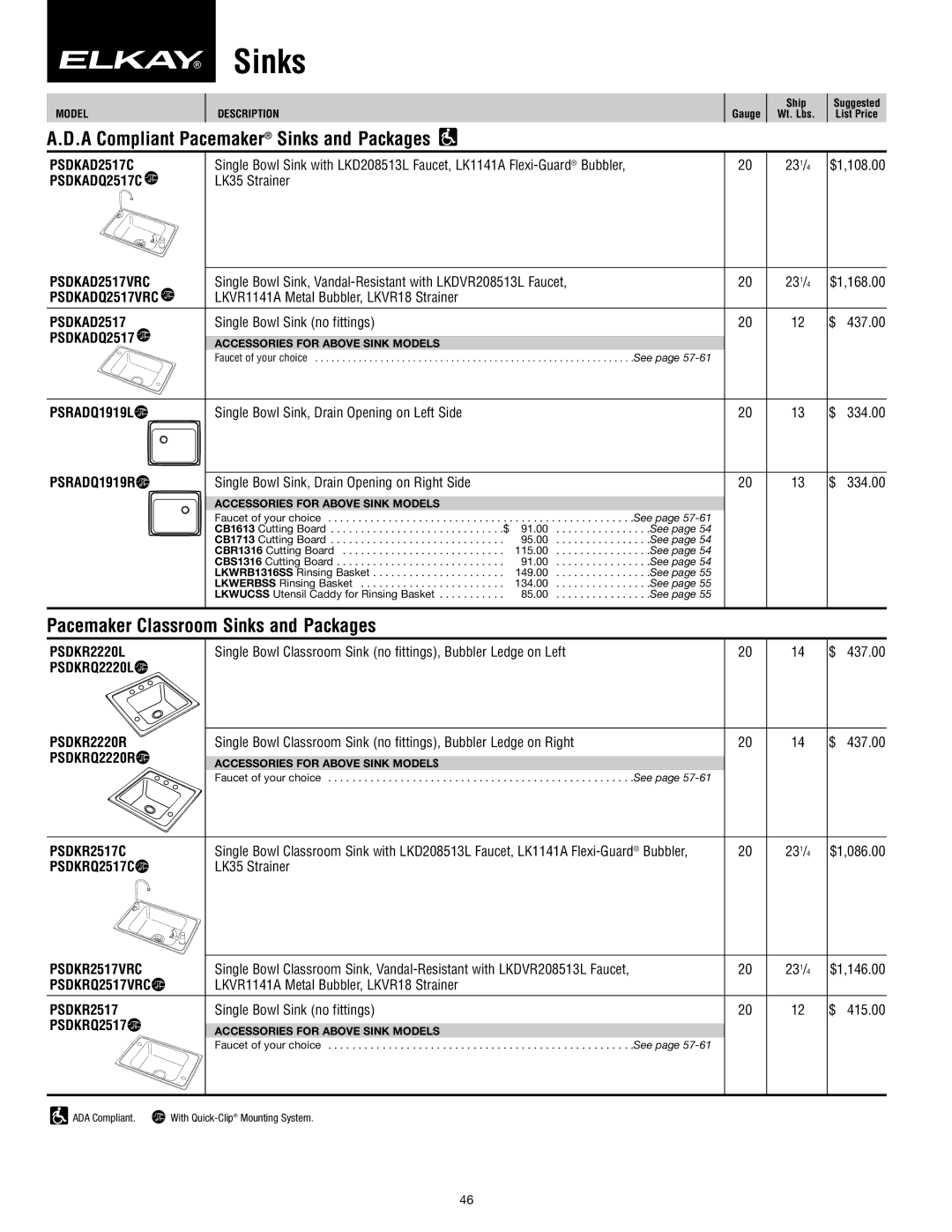 Elkay SFL-10 manual A Compliant Pacemaker Sinks and Packages, Pacemaker Classroom Sinks and Packages 