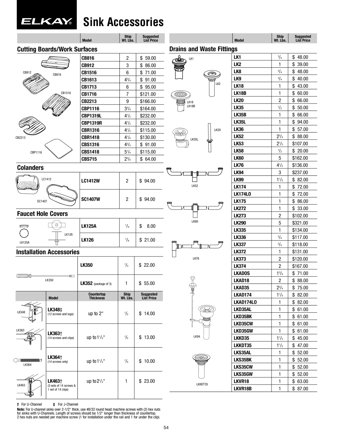 Elkay SFL-10 manual Cutting Boards/Work Surfaces, Drains and Waste Fittings, Colanders, Faucet Hole Covers 