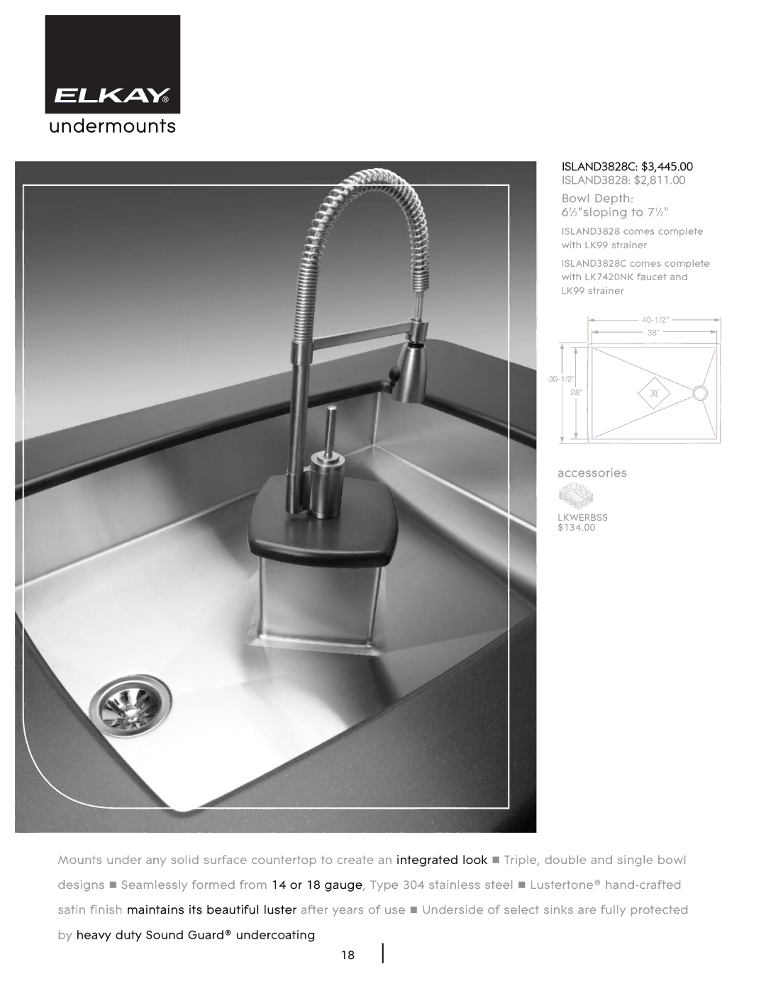 Elkay SHL-2 manual Undermounts, ISLAND3828 $2,811.00 Bowl Depth 61Ú2sloping to 71Ú2 