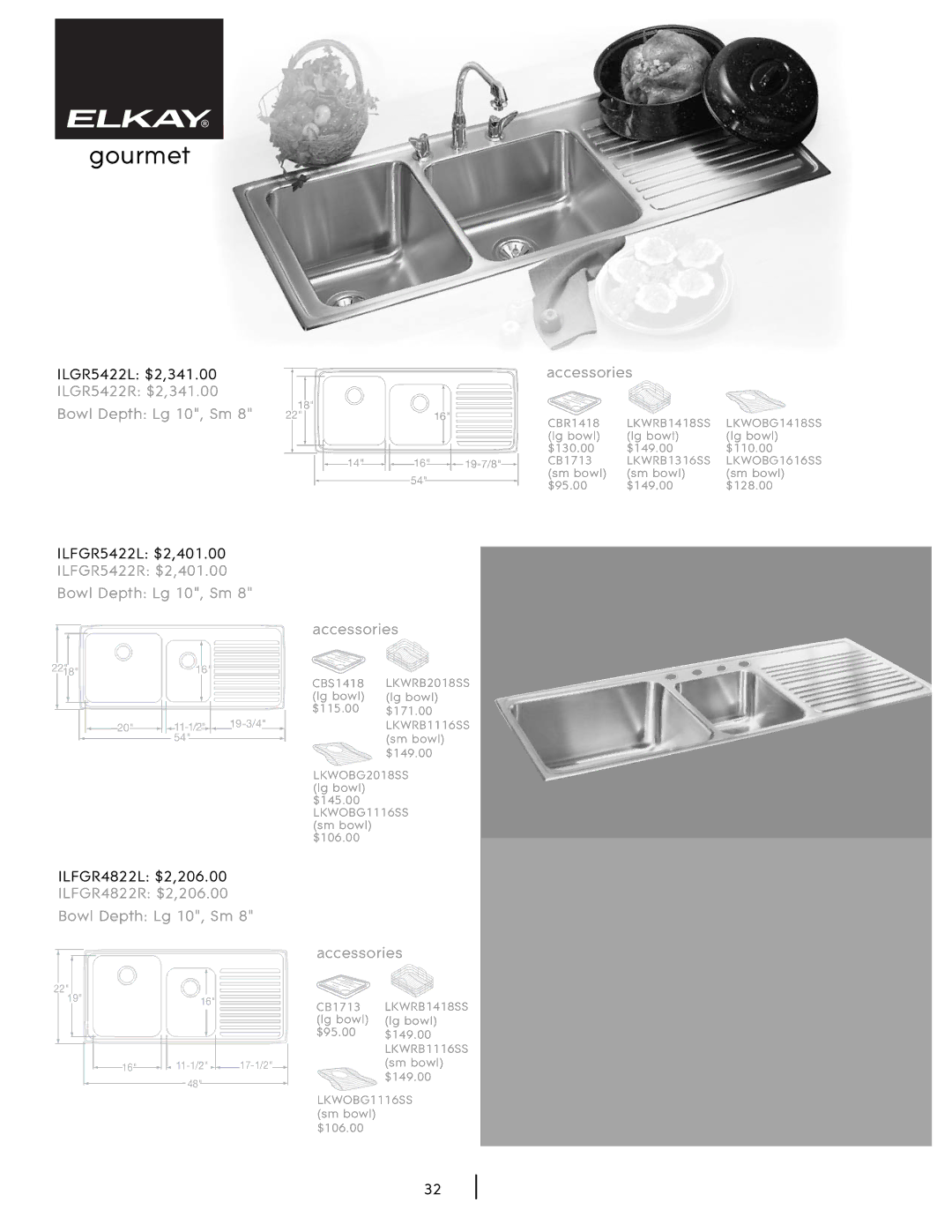 Elkay SHL-2 manual ILGR5422R $2,341.00 Bowl Depth Lg 10, Sm, ILFGR5422R $2,401.00 Bowl Depth Lg 10, Sm 