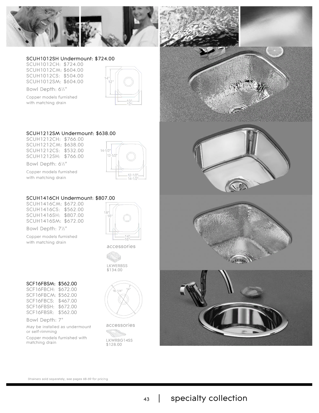 Elkay SHL-2 manual Specialty collection, SCUH1212CH $766.00 SCUH1212CM $638.00 SCUH1212CS $532.00, SCUH1212SH $766.00 