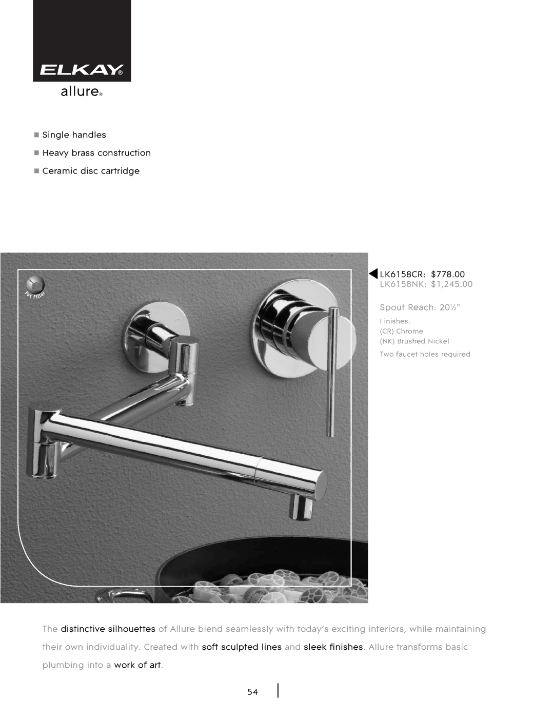 Elkay SHL-2 manual Allure, LK6158NK $1,245.00 Spout Reach 201⁄2 