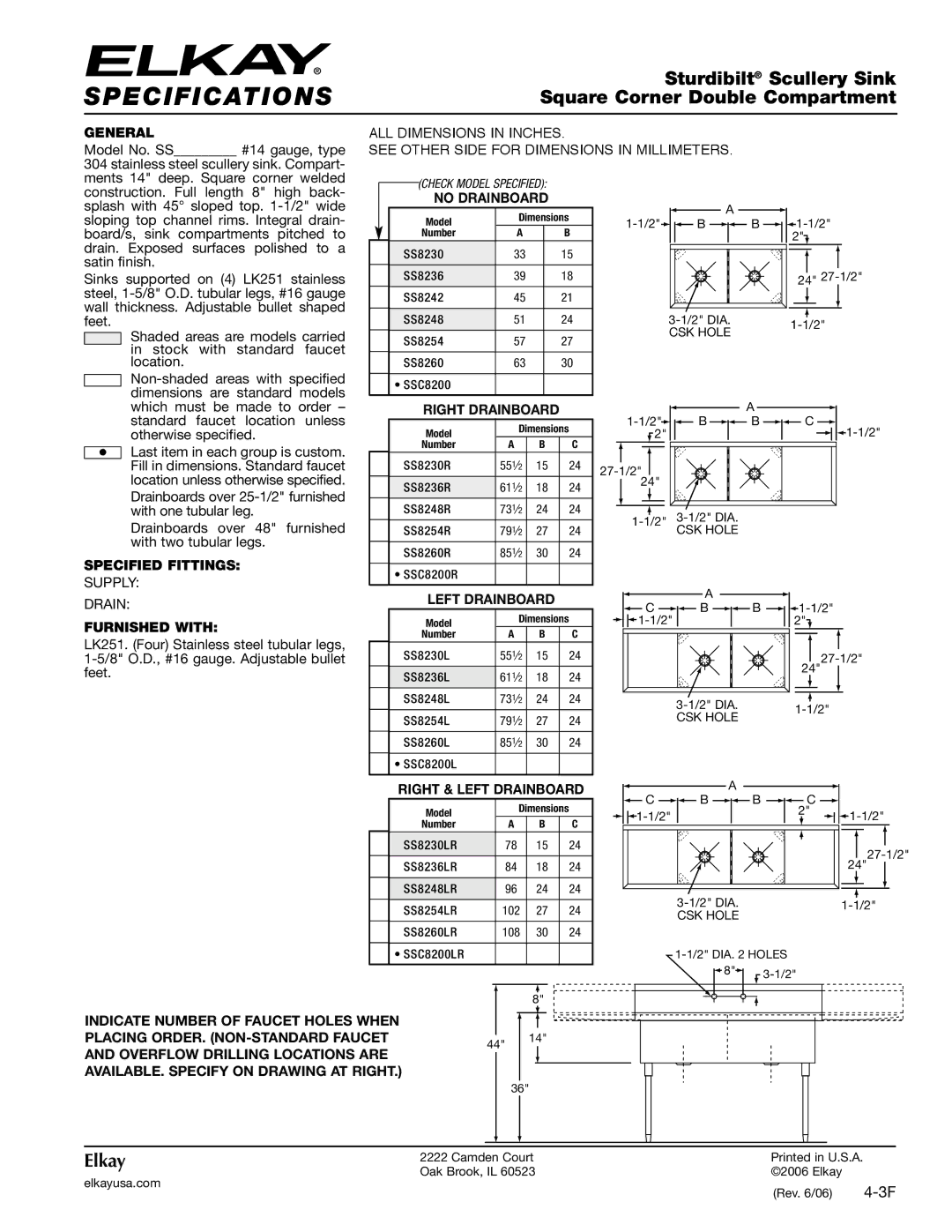 Elkay SS8230 specifications General, No Drainboard, Right Drainboard, Specified Fittings, Left Drainboard, Furnished with 