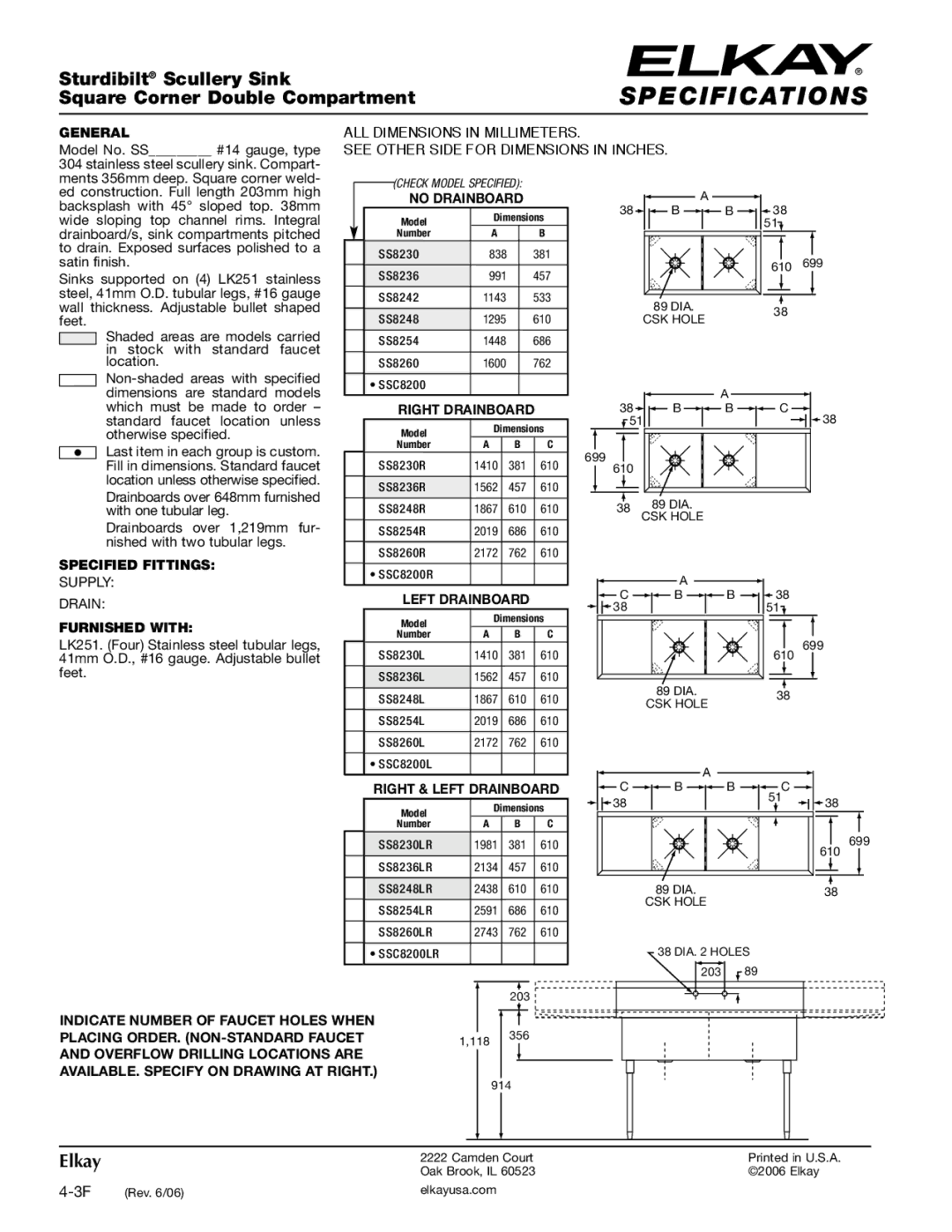 Elkay SS8230 specifications ALL Dimensions in Millimeters, Supply Drain, Left Drainboard Furnished with 