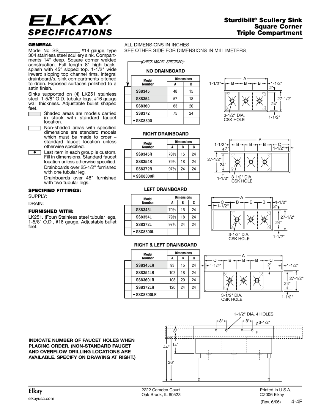 Elkay SS8345 specifications E C I F I C At I O N S, Sturdibilt Scullery Sink, Square Corner, Triple Compartment, Elkay 