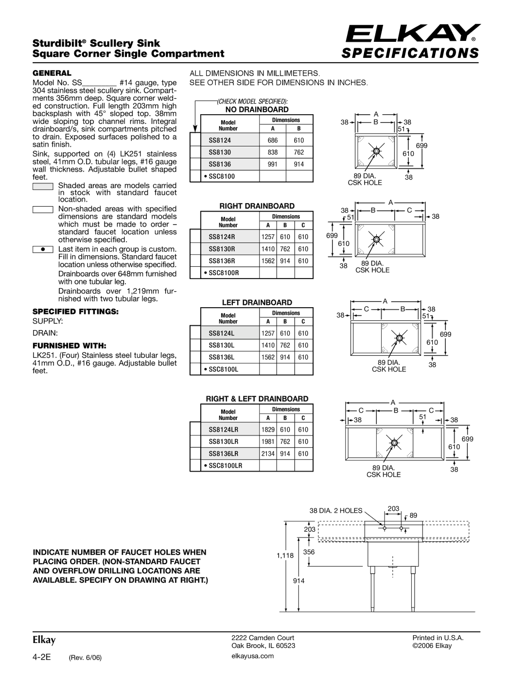 Elkay SSC8100L, SSC8100R, SS8136L, SS8130L, SS8124R, SS8136R, SS8130R, SS8124L specifications Check Model Specified 