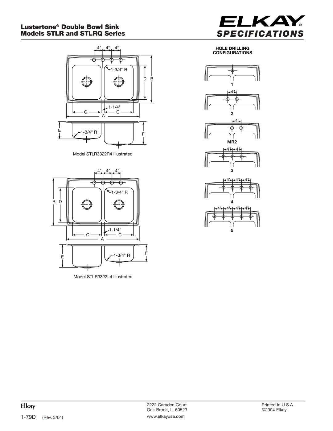 Elkay STLRQ specifications Hole Drilling Configurations MR2 