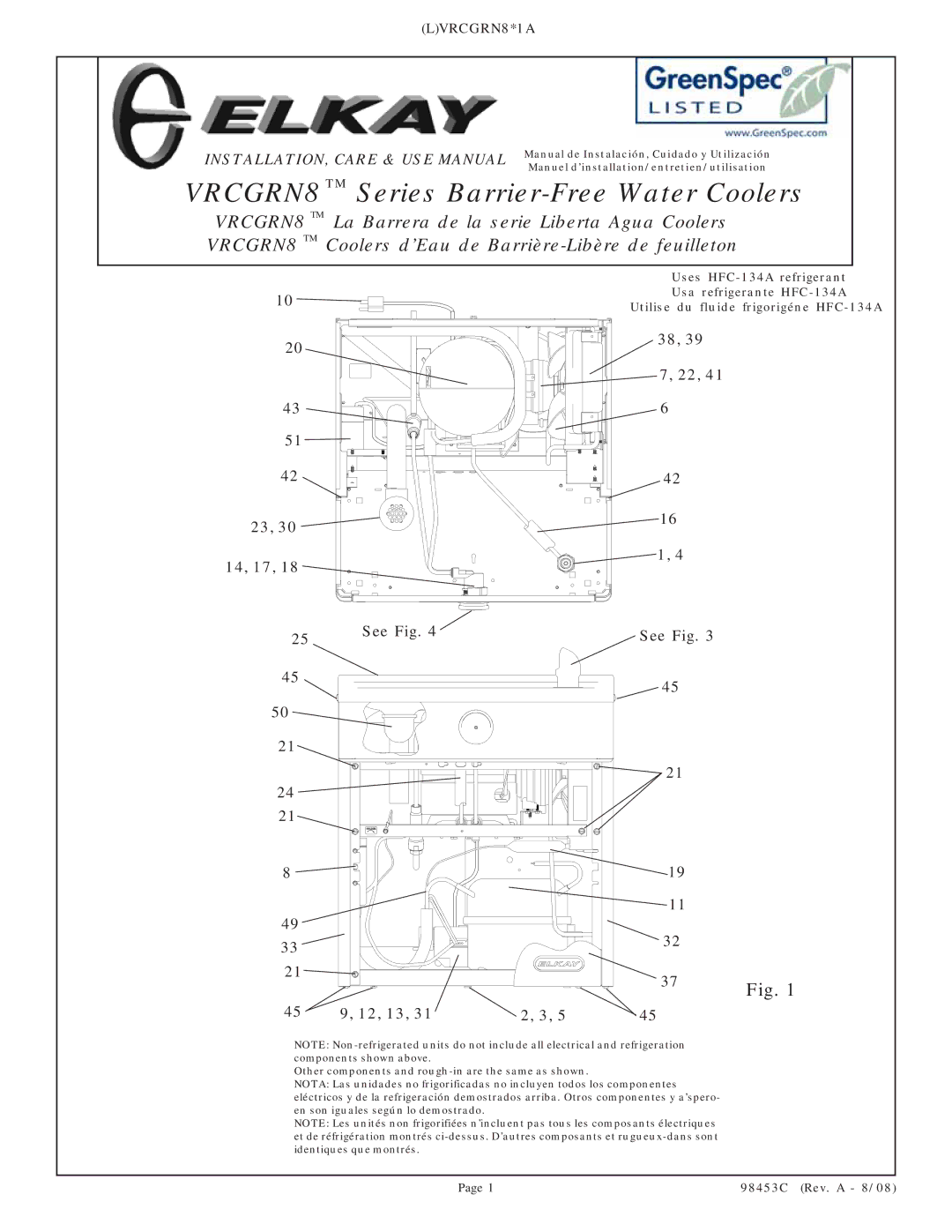 Elkay VRCGRN8 Series manual 23, 30 14, 17 See , 13, 38, 39 7, 22, 41 16 1 See Fig 