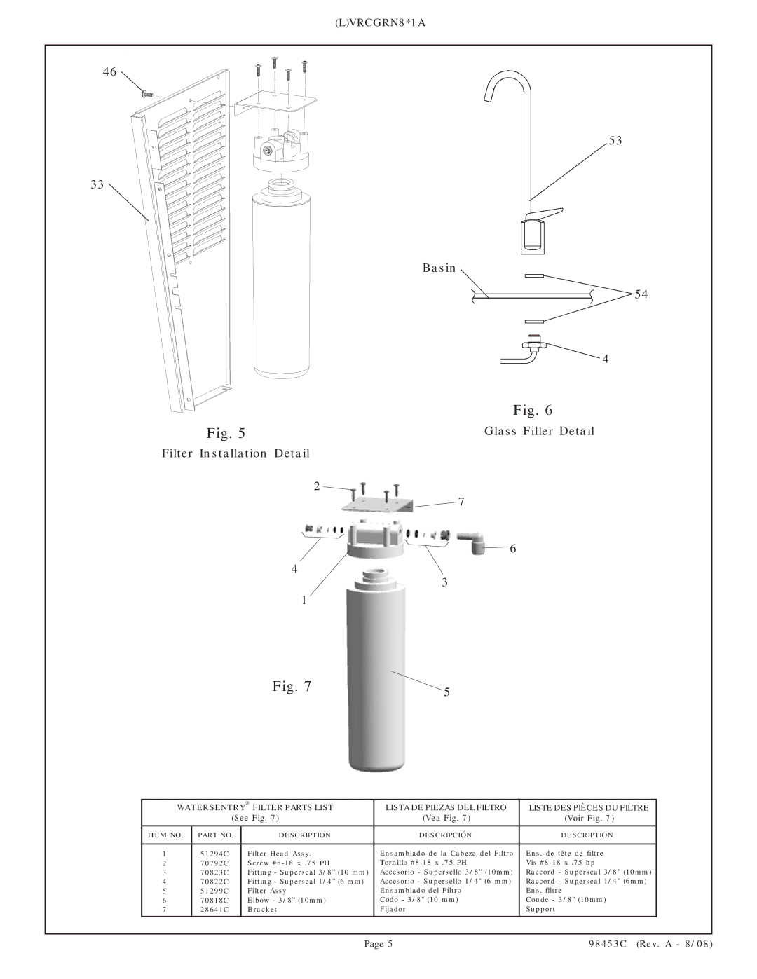 Elkay VRCGRN8 Series manual Basin Glass Filler Detail Filter Installation Detail, Item no Description Descripción 