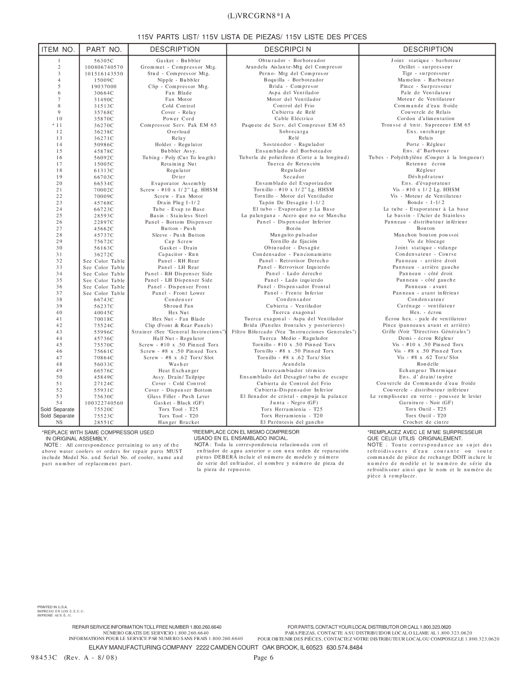 Elkay VRCGRN8 Series manual 115V Parts LIST/ 115V Lista DE PIEZAS/ 115V Liste DES Pièces 