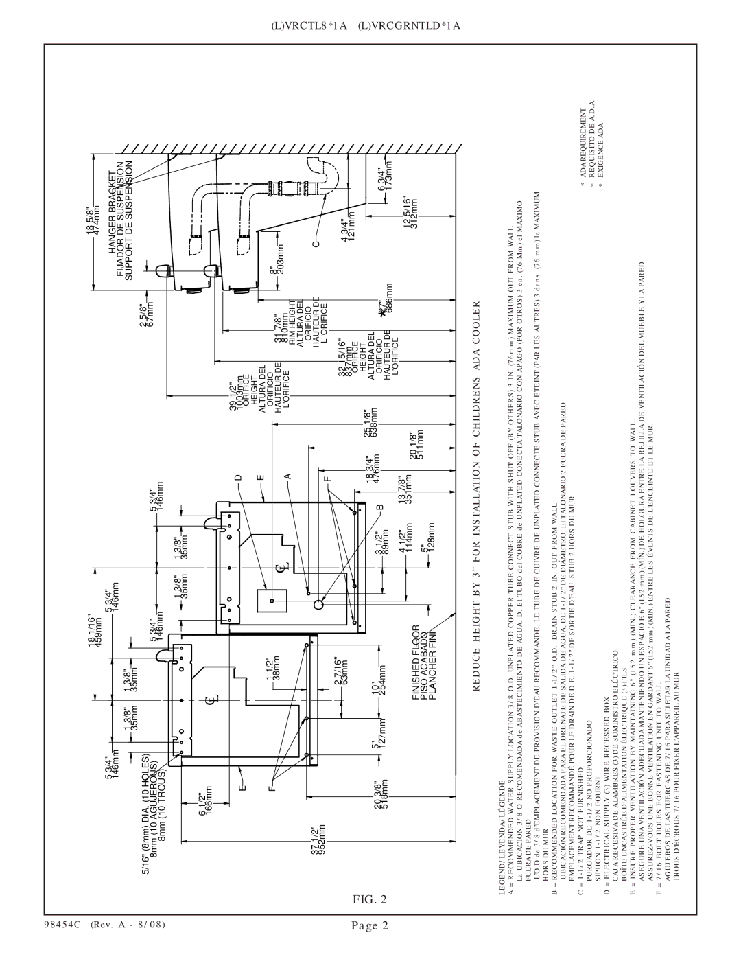 Elkay VRCGRNTL8 Series manual Reduce Height by 3 for Installation of Childrens ADA Cooler 