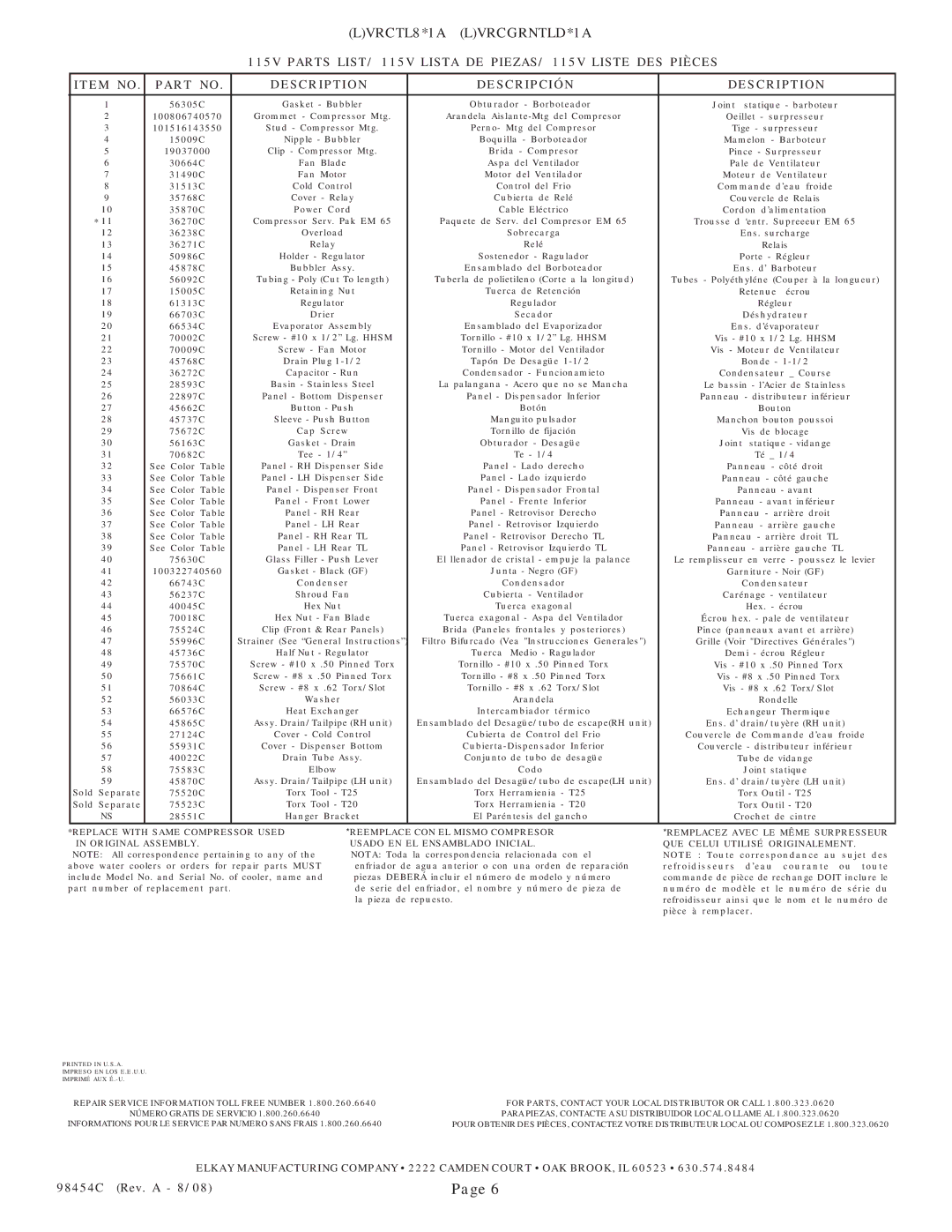 Elkay VRCGRNTL8 Series manual 115V Parts LIST/ 115V Lista DE PIEZAS/ 115V Liste DES Pièces 