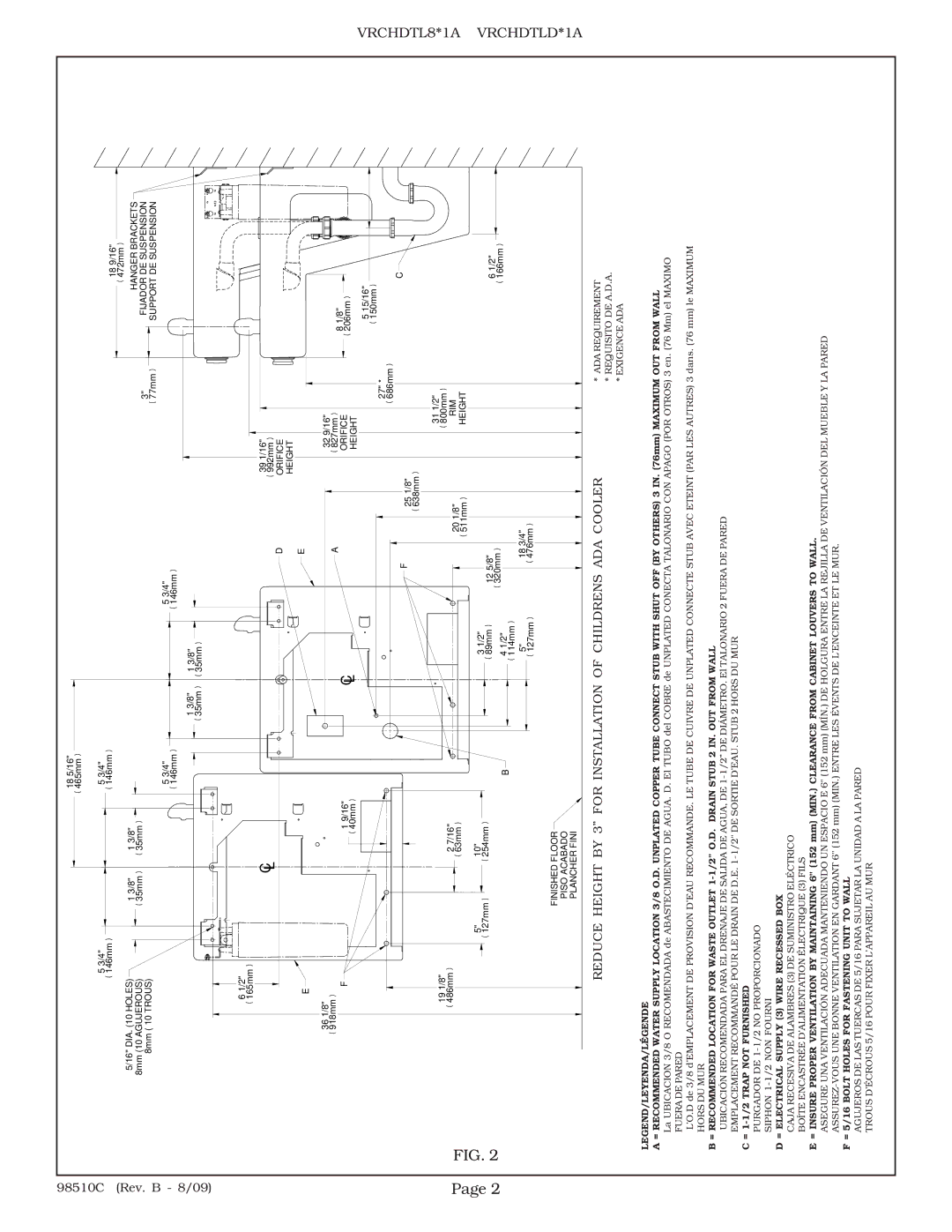 Elkay VRCHDTL8 manual Reduce Height by 3 for Installation of Childrens ADA Cooler 