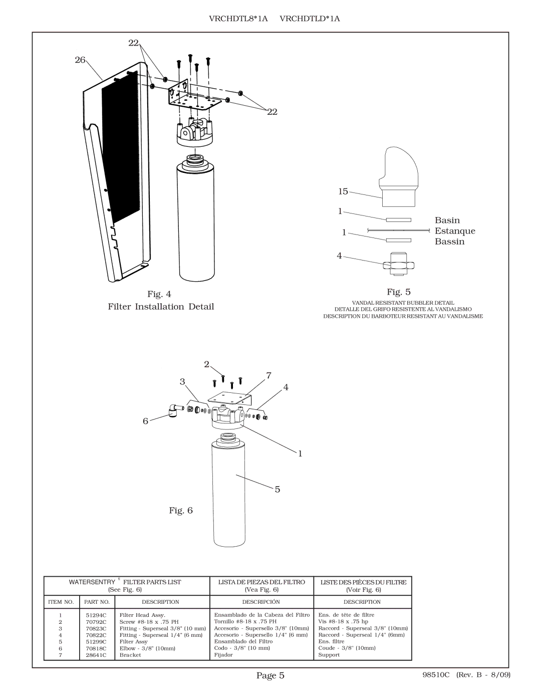 Elkay VRCHDTL8 manual Filter Installation Detail Basin 1Estanque Bassin, See Fig Vea Fig Voir Fig 