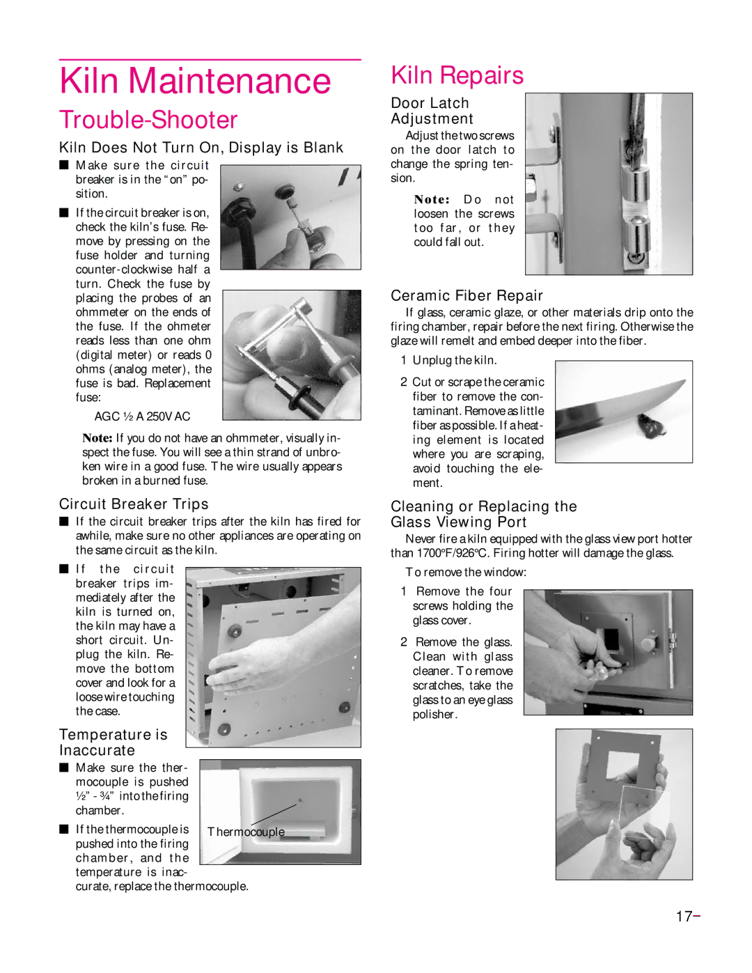 Elmer's Glass Kiln manual Kiln Maintenance, Trouble-Shooter, Kiln Repairs 