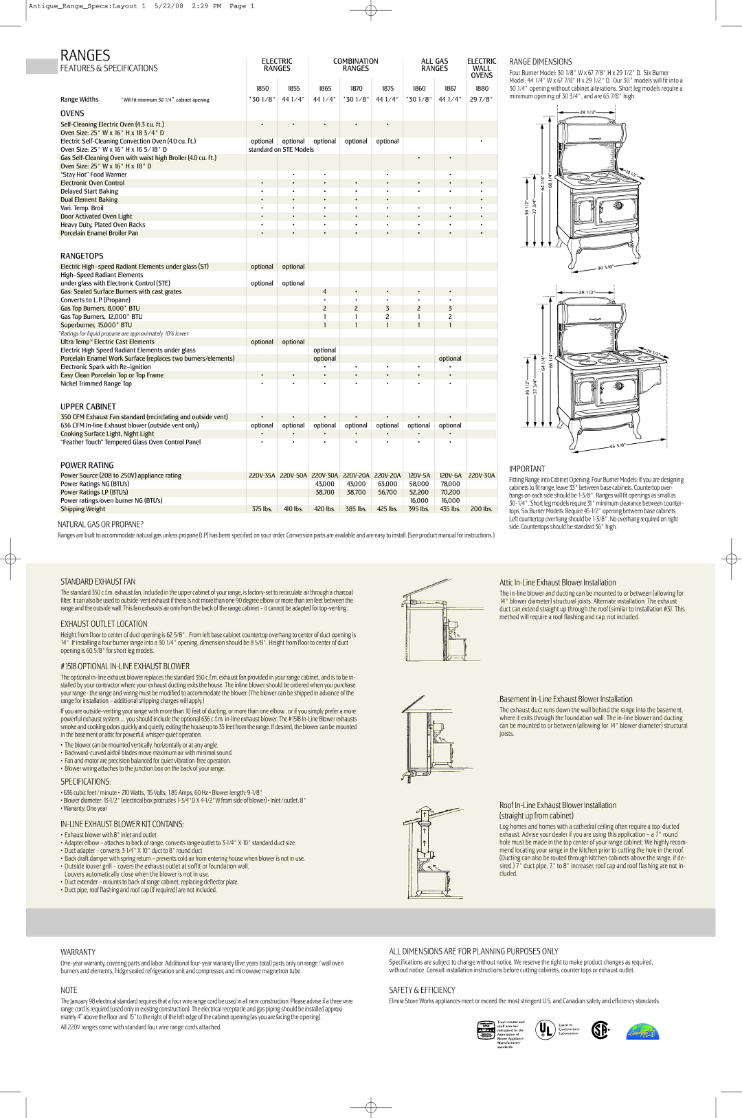 Elmira Stove Works 1875 specifications Features & Specifications, Ovens, Rangetops, Upper Cabinet, Power Rating, Warranty 