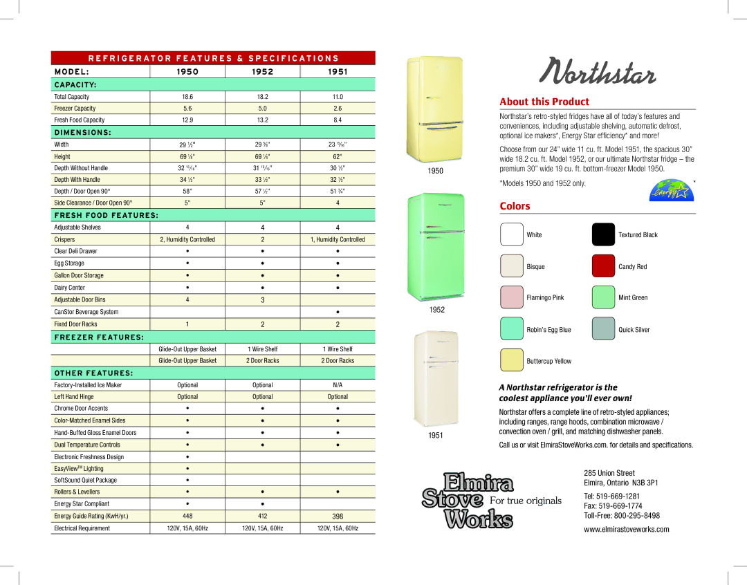 Elmira Stove Works dimensions About this Product, Colors, Model, 1950 1952 1951 