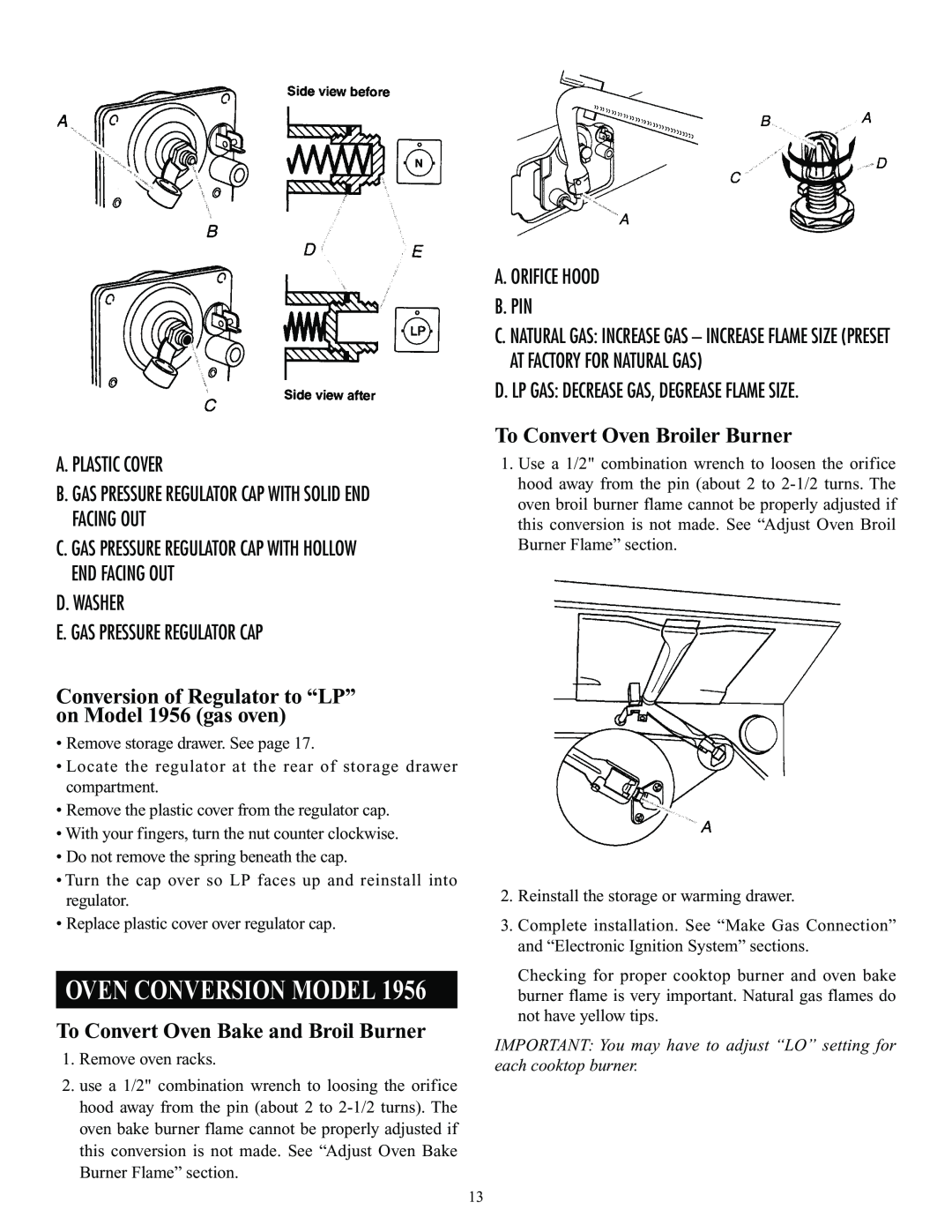 Elmira Stove Works 1954 manual Oven Conversion Model, To Convert Oven Bake and Broil Burner, To Convert Oven Broiler Burner 
