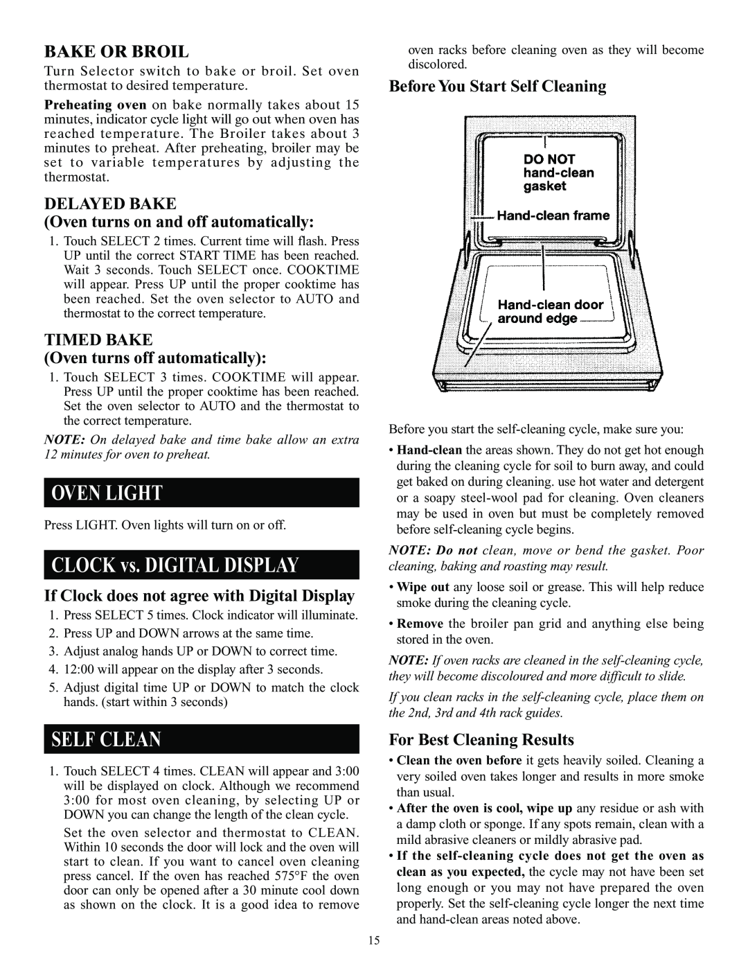 Elmira Stove Works 1954 manual Oven Light, CLOCK vs. DIGITAL DISPLAY, Bake Or Broil, Before You Start Self Cleaning 
