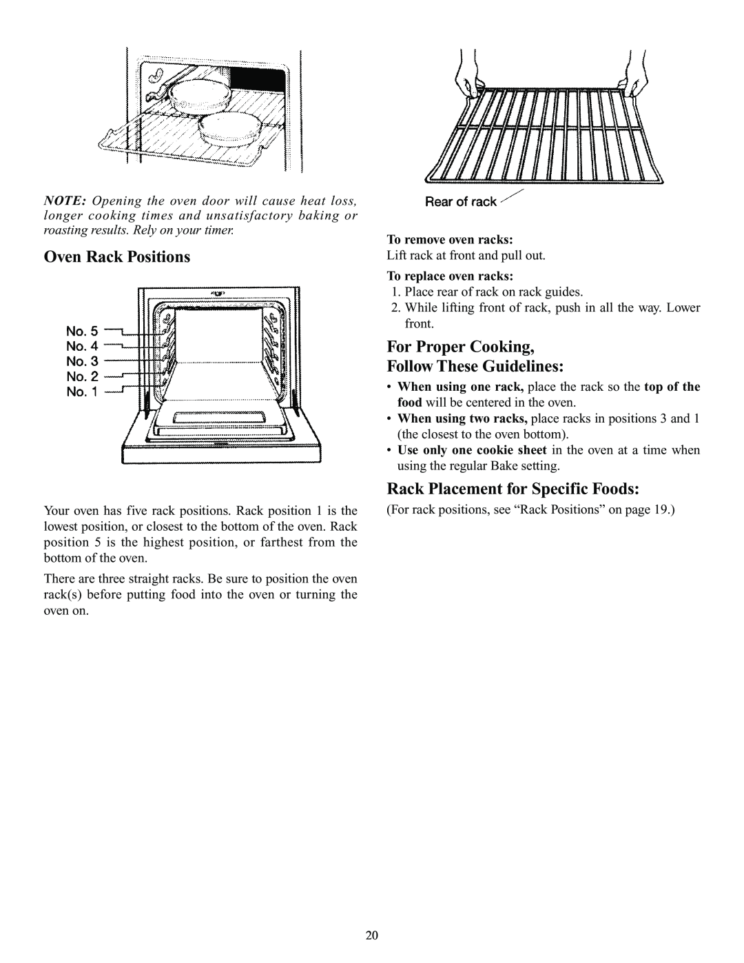 Elmira Stove Works 1954 Oven Rack Positions, For Proper Cooking Follow These Guidelines, Rack Placement for Specific Foods 