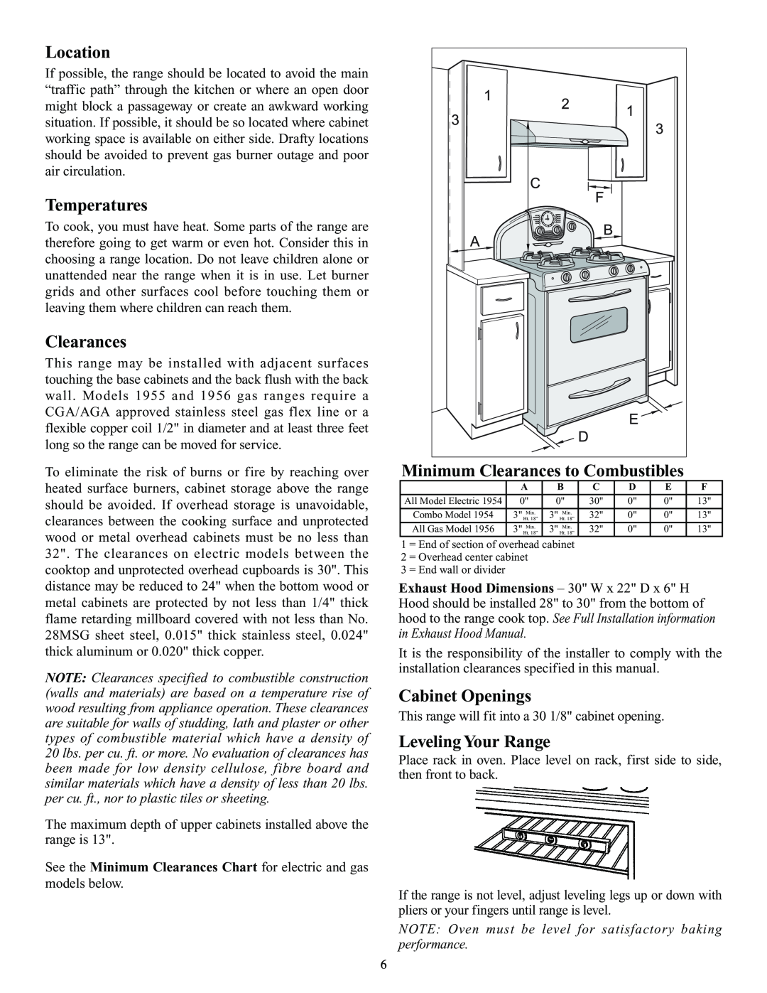 Elmira Stove Works 1954 manual Location, Temperatures, Minimum Clearances to Combustibles, Cabinet Openings 