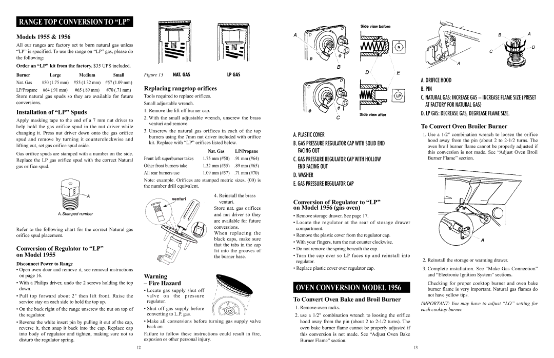 Elmira Stove Works 1956 Models 1955, Installation of LP Spuds, Conversion of Regulator to LP on Model, Fire Hazard 