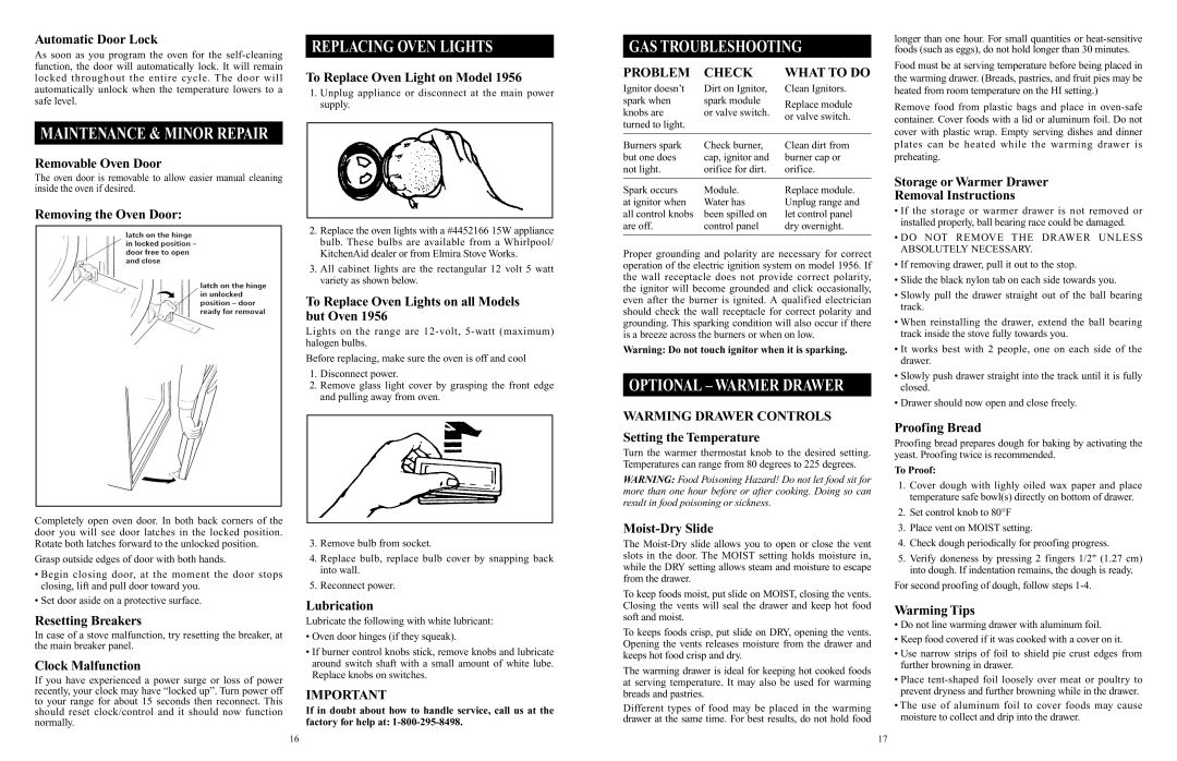 Elmira Stove Works 1955, 1956 manual Replacing Oven Lights, GAS Troubleshooting, Problem Check, Warming Drawer Controls 