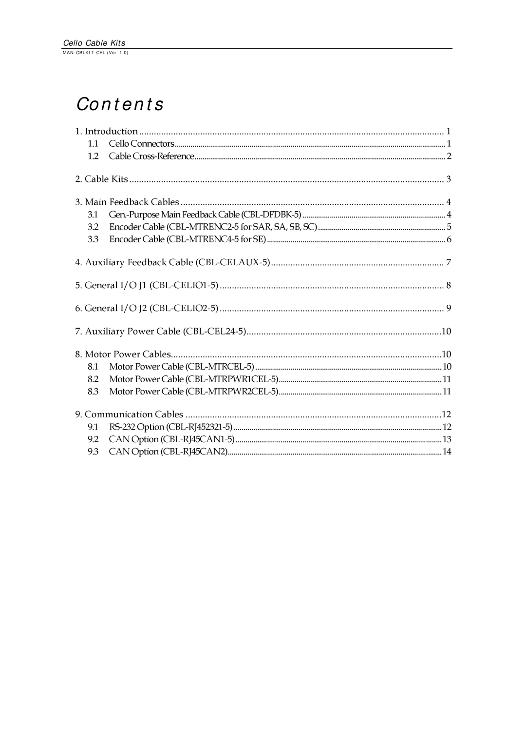 Elmo CBL-CEL24-5, CBL-CELIO1-5, CBL-CELIO2-5, CBL-MTRENC4-5, CBL-MTRENC2-5, CBL-CELAUX-5, CBL-DFDBK, CBL-MTRPWRCEL manual Contents 