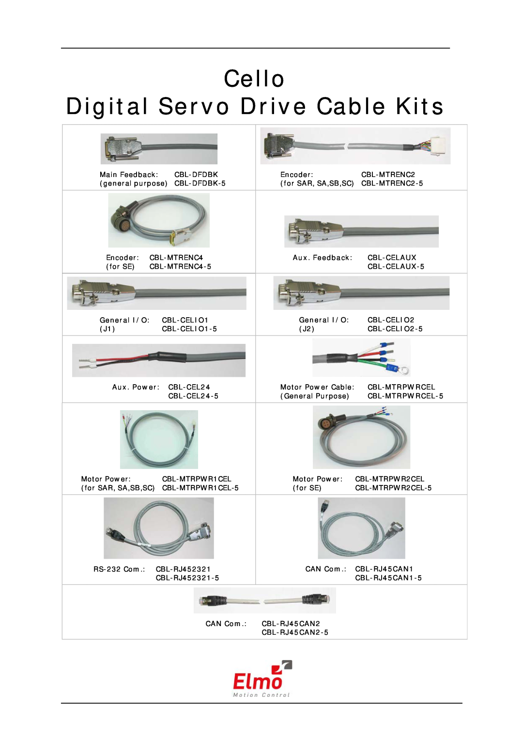Elmo CBL-CELIO2-5, CBL-CELIO1-5, CBL-MTRENC4-5, CBL-CEL24-5, CBL-MTRENC2-5 manual Cello Digital Servo Drive Cable Kits 