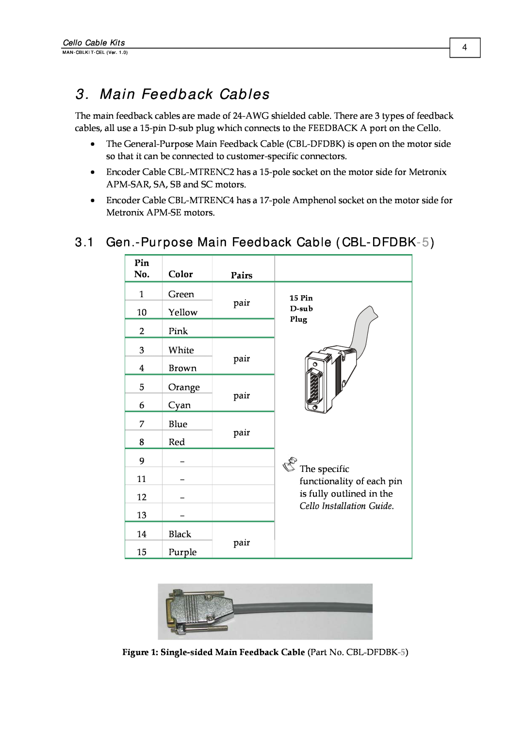 Elmo CBL-MTRENC2 manual Main Feedback Cables, 3.1 Gen.-Purpose Main Feedback Cable CBL-DFDBK-5, Cello Installation Guide 