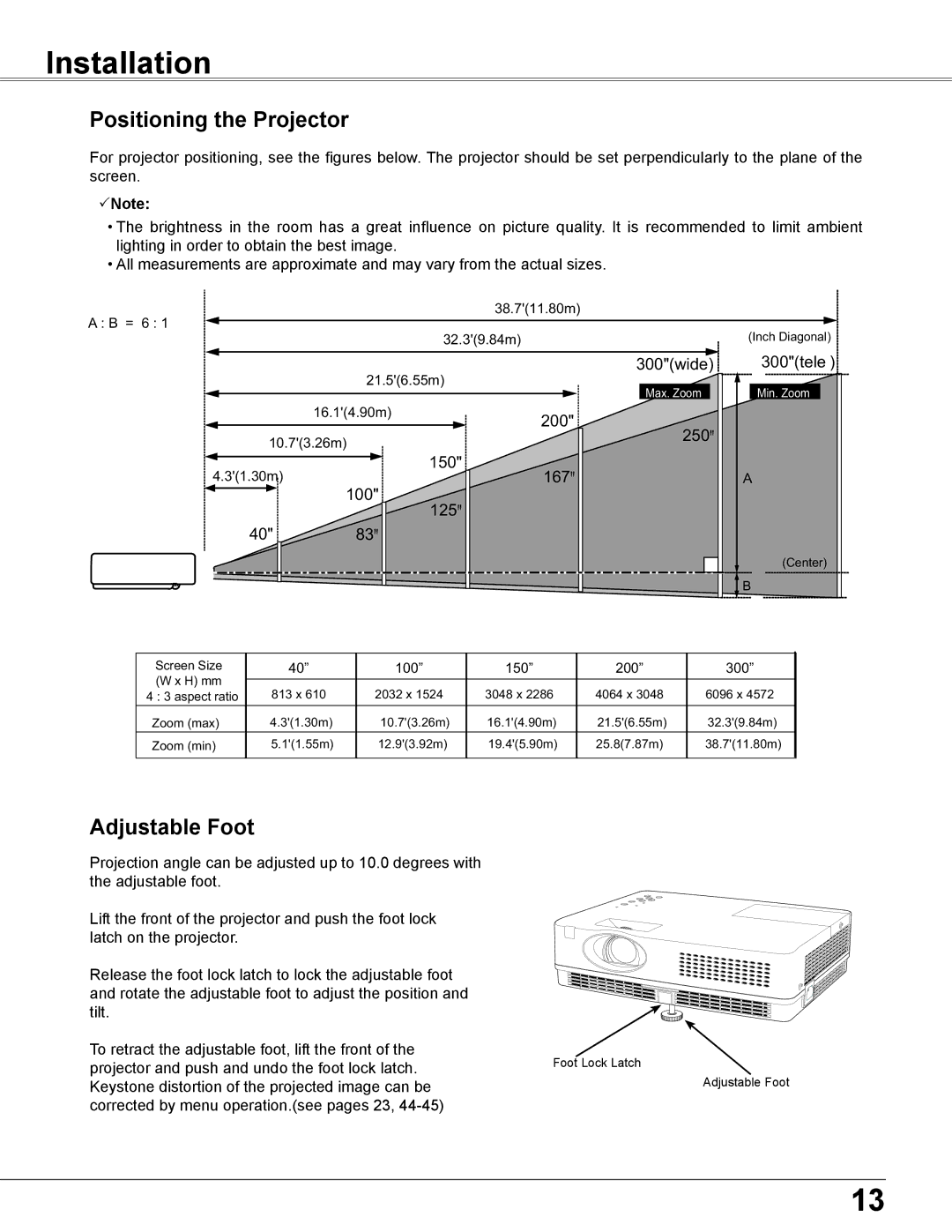 Elmo CRP-26 owner manual Installation, Positioning the Projector, Adjustable Foot 