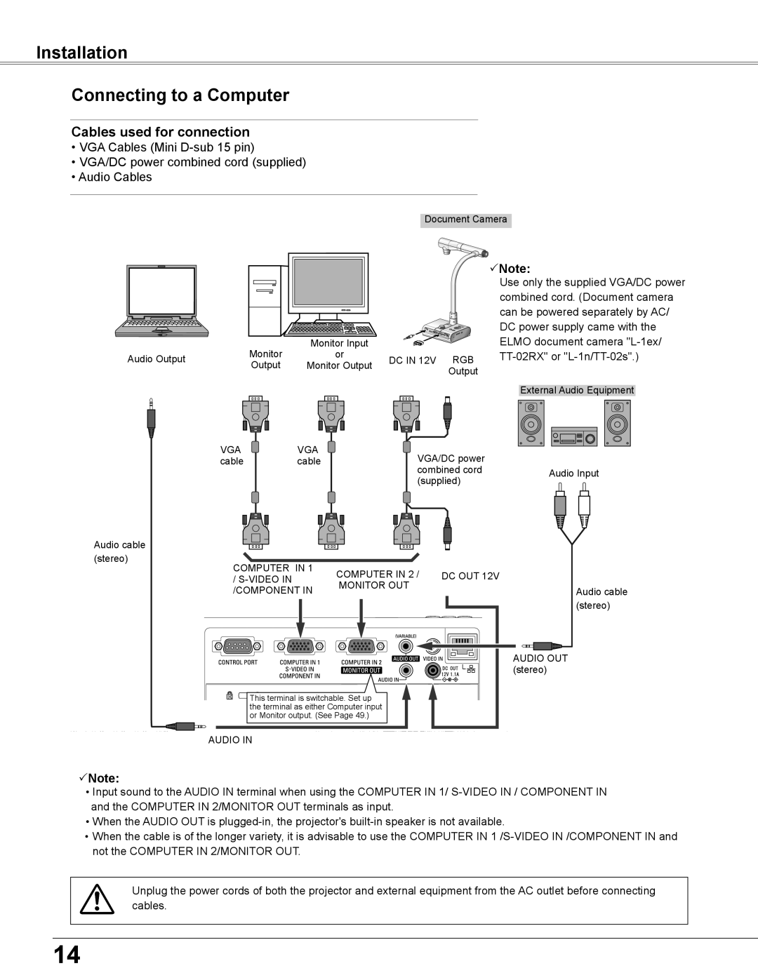 Elmo CRP-26 owner manual Installation Connecting to a Computer, Cables used for connection 