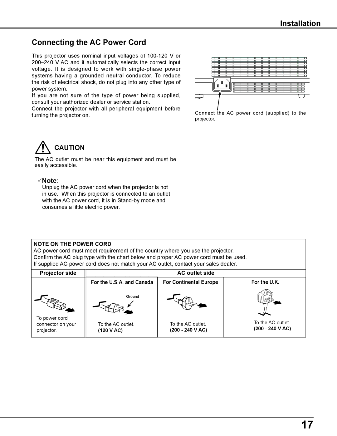 Elmo CRP-26 owner manual Installation Connecting the AC Power Cord, Note 