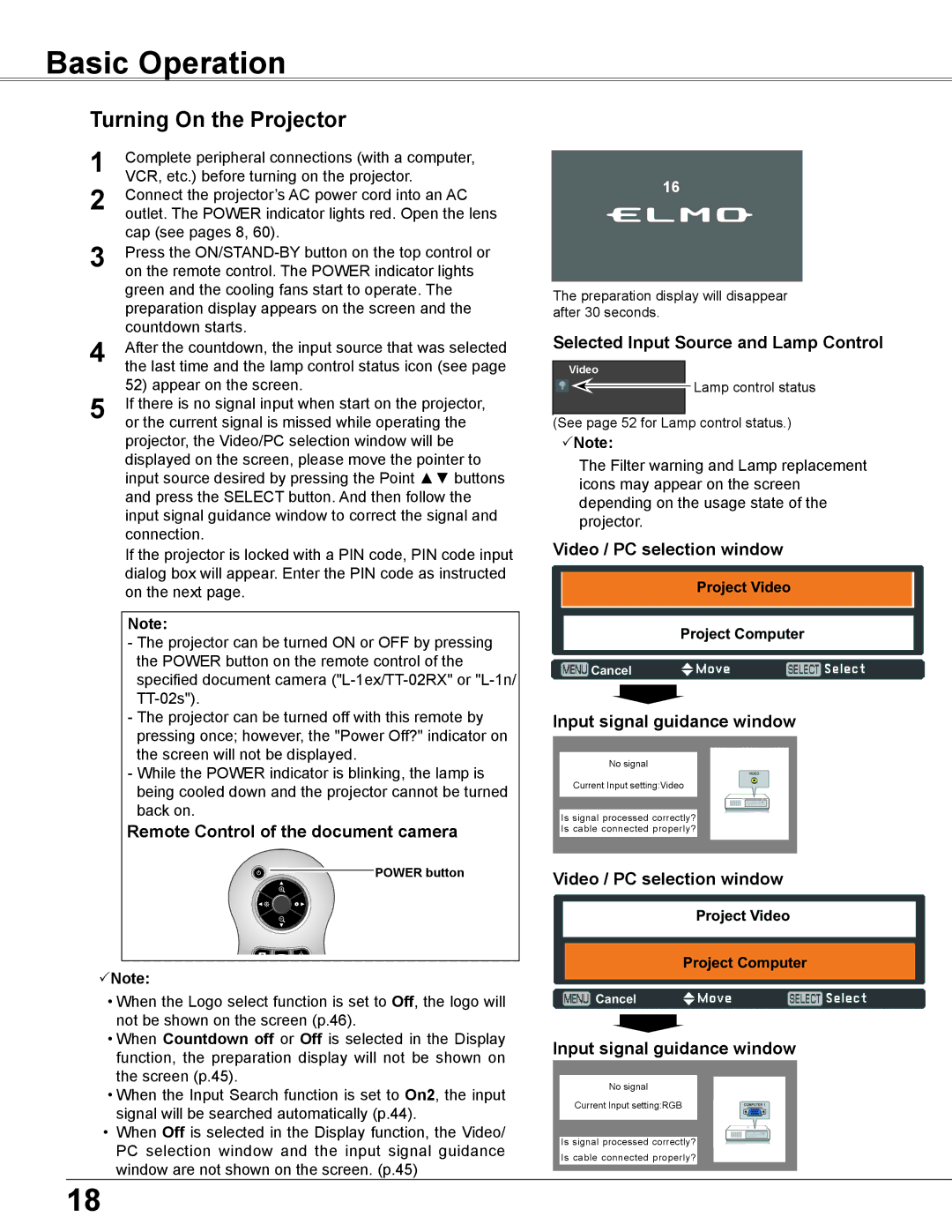 Elmo CRP-26 owner manual Basic Operation, Turning On the Projector 