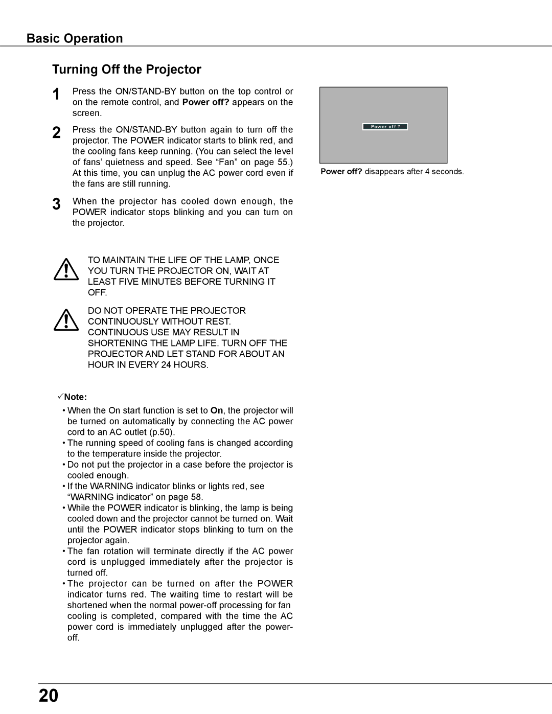 Elmo CRP-26 owner manual Basic Operation Turning Off the Projector 