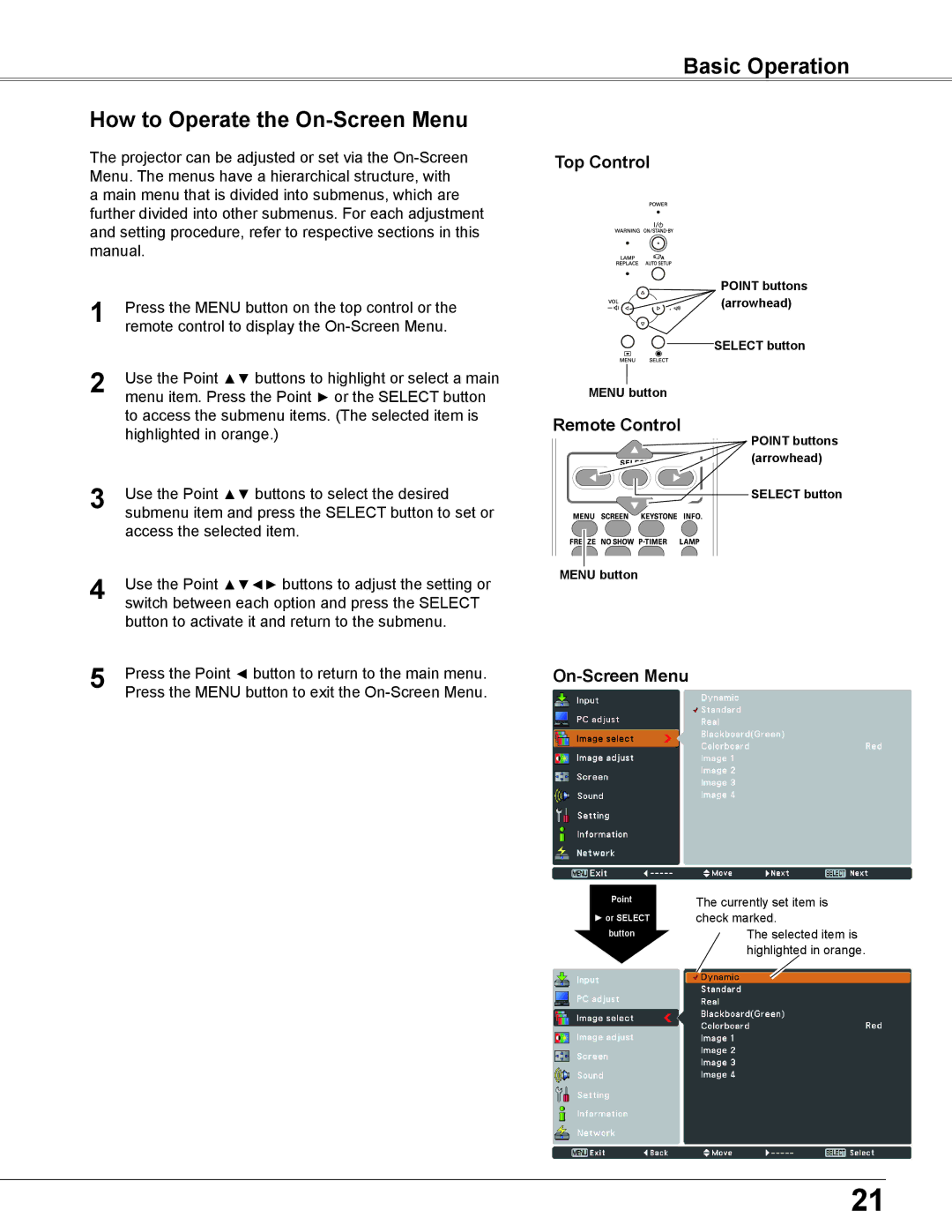 Elmo CRP-26 owner manual Basic Operation How to Operate the On-Screen Menu, Top Control, Remote Control 