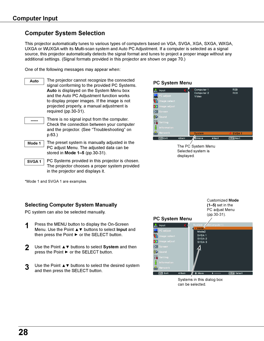 Elmo CRP-26 owner manual Computer Input Computer System Selection, Selecting Computer System Manually, PC System Menu 